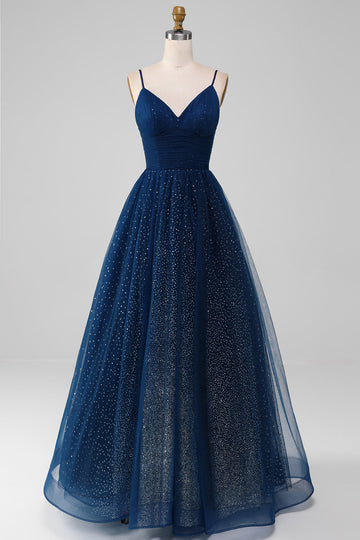 Navy ball-kjole V-hals lange beaded tyll prom kjoler med plissert